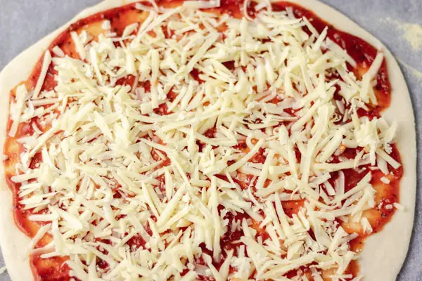 Pizza sencilla con queso y tomates.