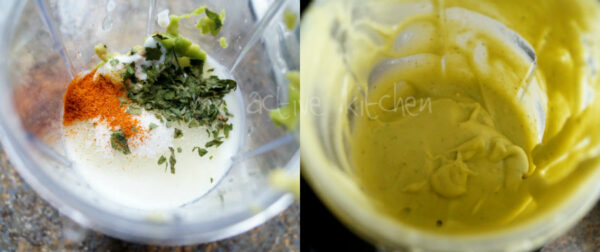 Ensalada de plátano macho y aderezo picante de aguacate