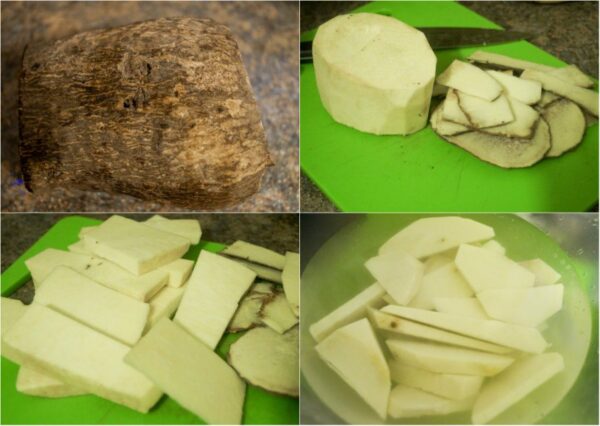 Ñame frito (dundun) y salsa frita Ñame frito (dundun) y salsa frita