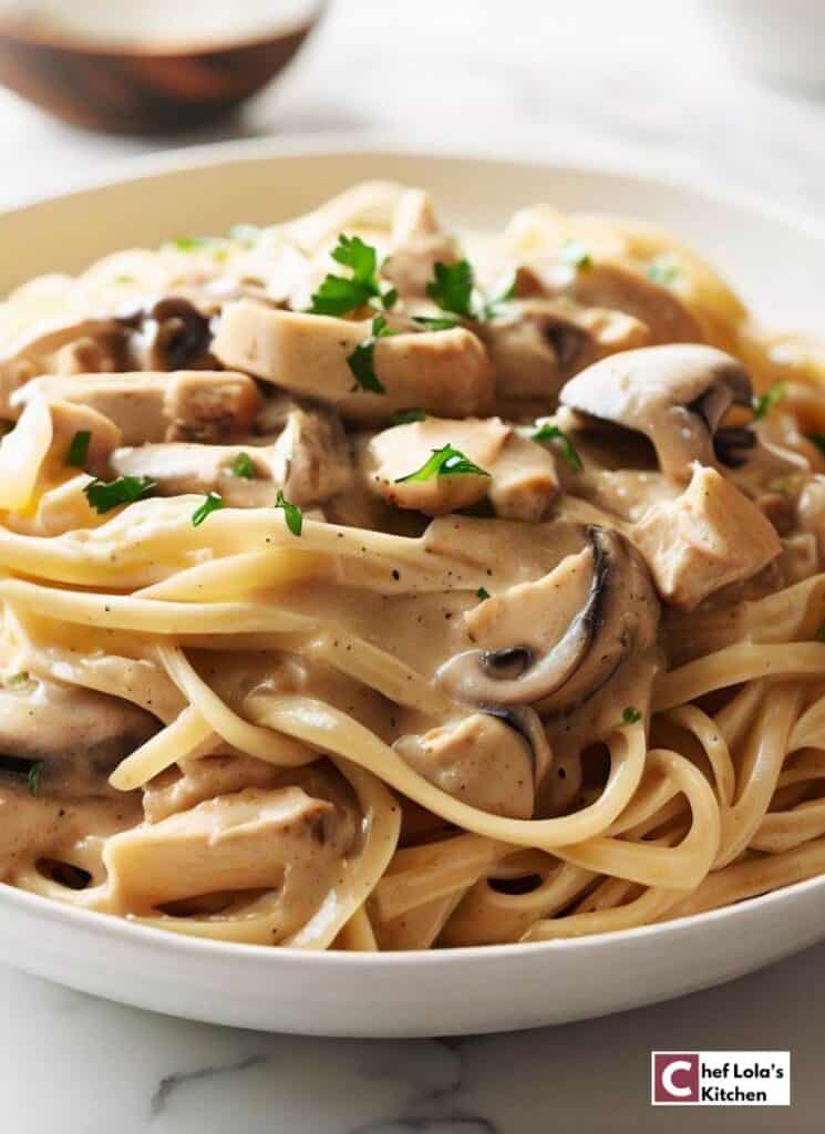 Una olla de pasta cremosa de champiñones con pollo Una olla de pasta cremosa de champiñones con pollo