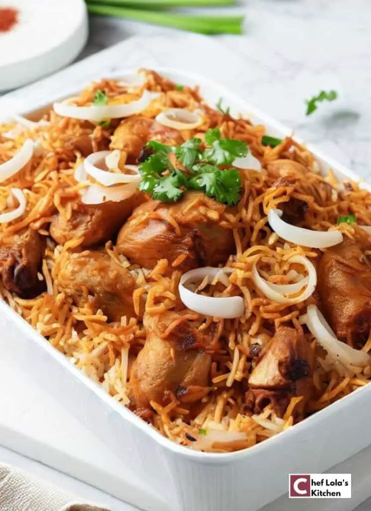 Biryani de pollo con azafrán, yogur y cebolla caramelizada