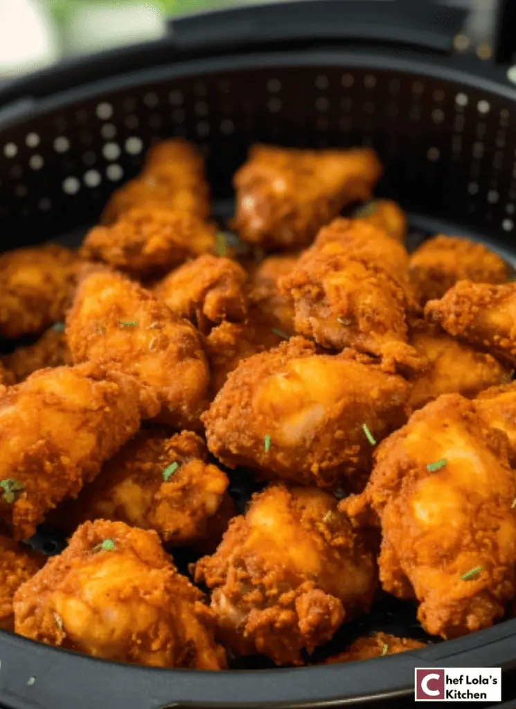 Delicioso pollo crujiente con palomitas de maíz en freidora Delicioso pollo crujiente con palomitas de maíz en freidora