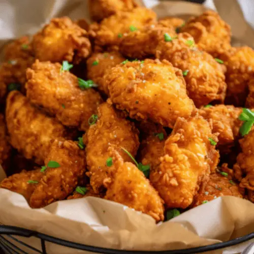 Delicioso pollo crujiente con palomitas de maíz en freidora Delicioso pollo crujiente con palomitas de maíz en freidora