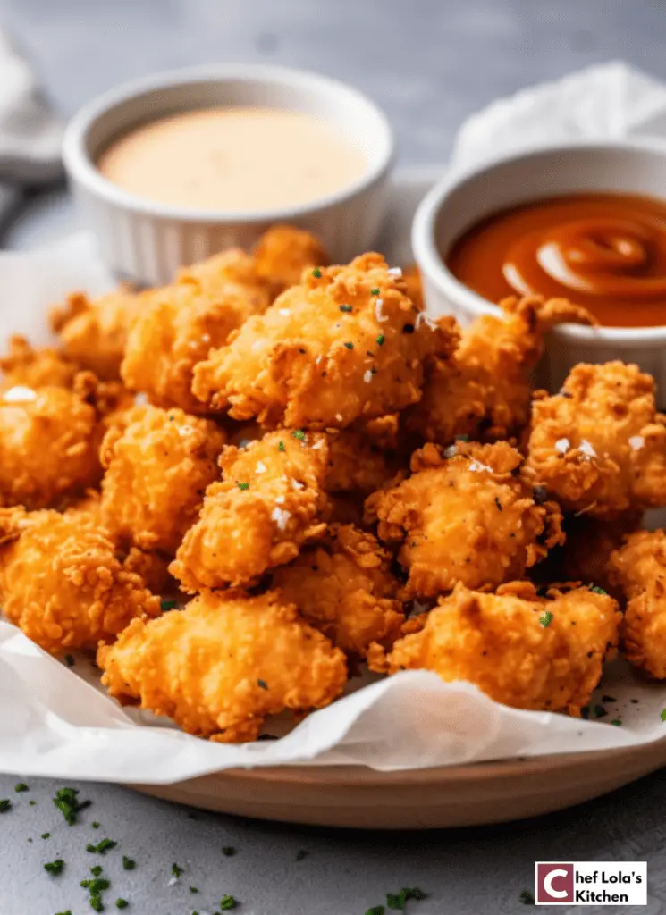 Delicioso pollo crujiente con palomitas de maíz en freidora