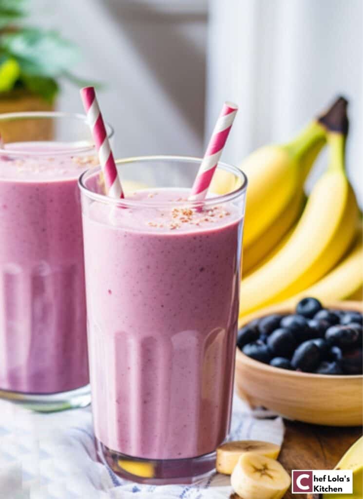 Rico y cremoso batido de plátano y arándanos Rico y cremoso batido de plátano y arándanos