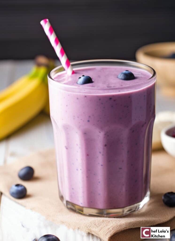 Rico y cremoso batido de plátano y arándanos Rico y cremoso batido de plátano y arándanos