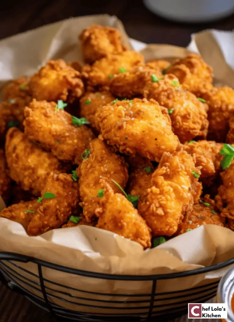 Delicioso pollo crujiente con palomitas de maíz en freidora